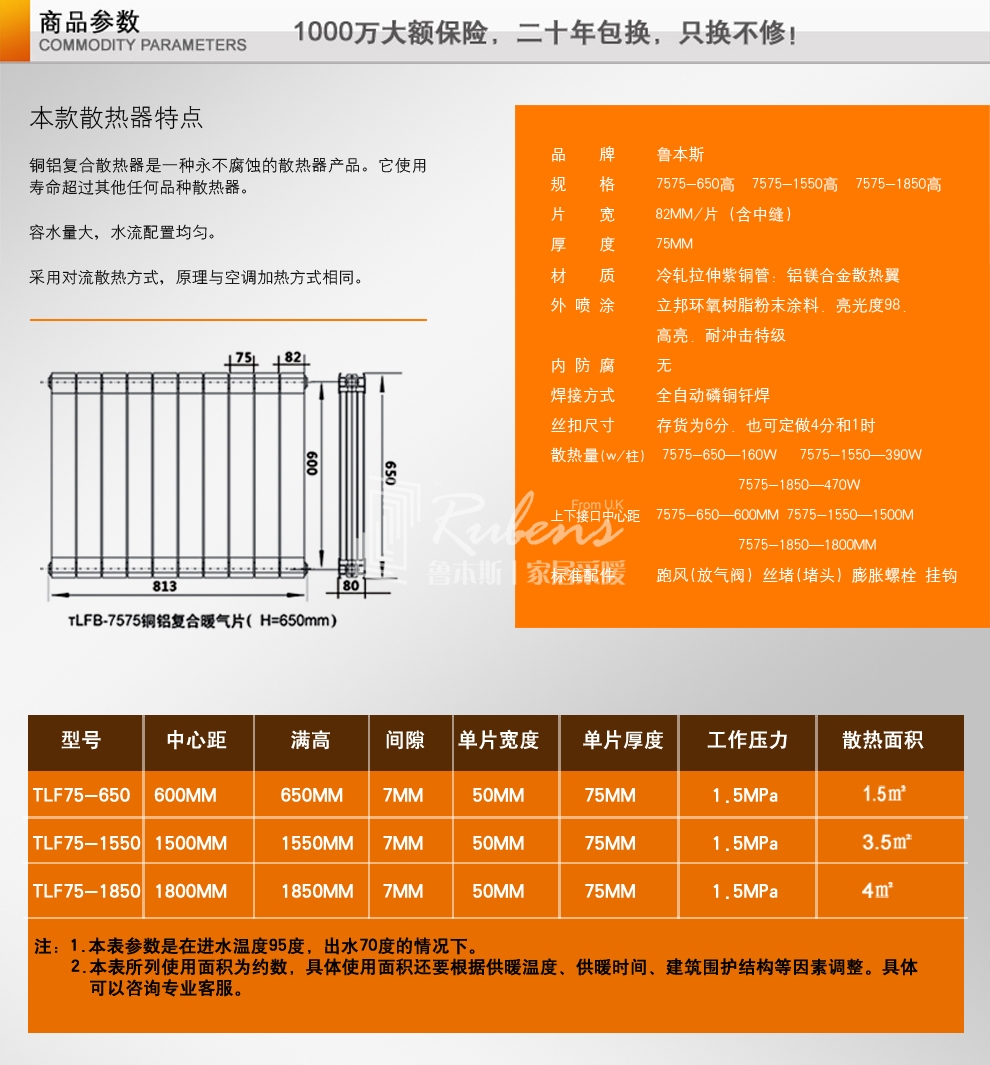 鲁本斯7575系列铜铝复合暖气片参数图-暖气片十大品牌