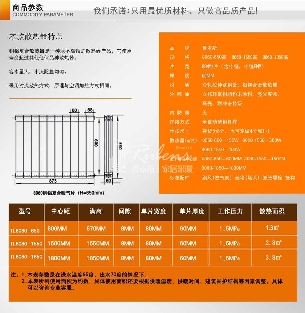 鲁本斯8060系列铜铝复合暖气片参数图-暖气片十大品牌