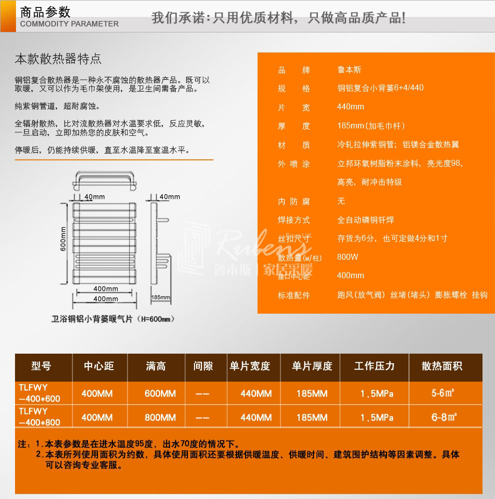 鲁本斯600高铜铝复合暖气片/小背篓参数图-暖气片十大品牌